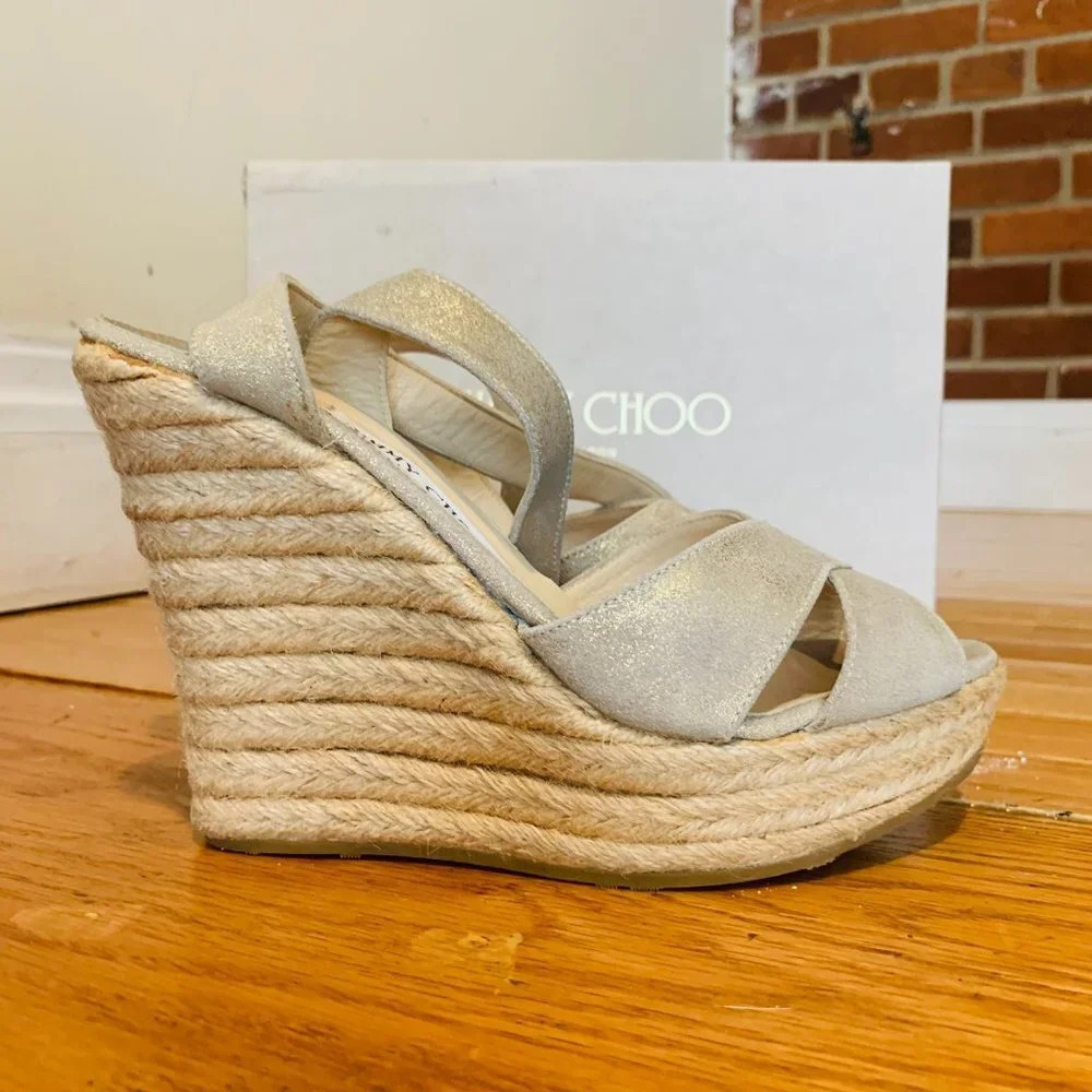 Jimmy Choo Espadrille Wedge Nude Beige Size 8.5 - Picture 13 of 16